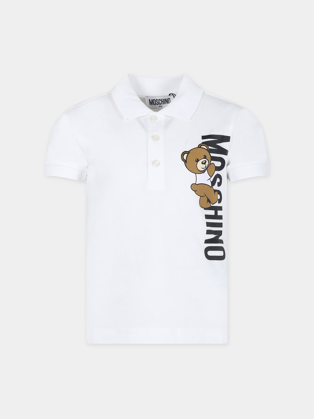 White polo shirt for boy with Teddy Bear and logo
